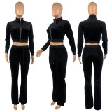 SC Solid Velvet Long Sleeve Zipper Top Flared Pants 2 Piece Sets CH-8191