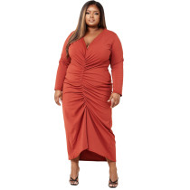 SC Plus Size Solid Long Sleeve V Neck Ruched Maxi Dress YMEF-5037