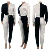 SC Contrast Color Lace-Up Full Sleeve 2 Piece Pants Set MDF-5259