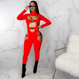 SC Sexy Solid Buckle Hollow Out Long Sleeve Jumpsuit MDF-5258