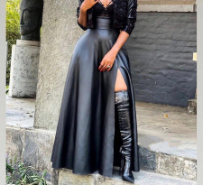 SC Black PU Leather High Split Maxi Skirt OLYF-6075