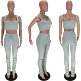 SC Sexy Solid Vest Top Split Hole Stacked Pants 2 Piece Sets LM-8283