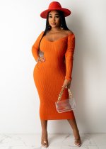 SC Sexy Solid Ribbed V Neck Full Sleeve Slim Long Dress APLF-5085