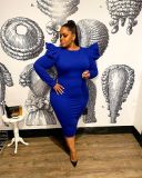 SC Plus Size Solid Puff Sleeve Slim Midi Dress FST-8012