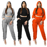 SC Solid Tassel Hooded Long Sleeve Two Piece Pants Set HNIF-057