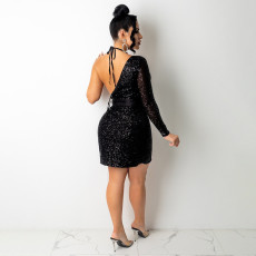 SC Sexy Sequin One Shoulder Club Dress With Bra SH-390199