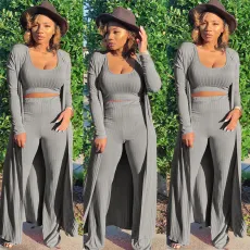 SC Plus Size Solid Ribbed Long Cloak+Tank Top+Pants 3 Piece Sets SH-403