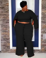 SC Plus Size Fat MM Solid Split Sleeve Two Piece Pants Set YS-8824