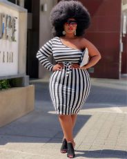 SC Plus Size Striped One Shoulder Sashes Bodycon Dress QSF-51042