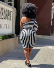 SC Plus Size Striped One Shoulder Sashes Bodycon Dress QSF-51042