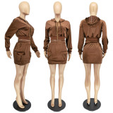 SC Solid Zipper Hoodie And Mini Skirt Two Piece Sets WSM-5278