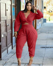 SC Plus Size Solid Knotted Long Sleeve 2 Piece Pants Set XYMF-XY68016