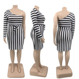 SC Plus Size Striped One Shoulder Sashes Bodycon Dress QSF-51042