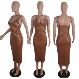 SC Sexy Leather Split Bodycon Midi Dress BLI-2166