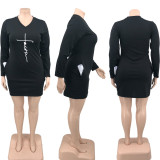SC Plus Size Letter Print V Neck Long Sleeve Mini Dress PHF-13253