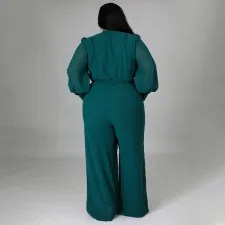 SC Plus Size Solid V Neck Long Sleeve Sashes Jumpsuit NNWF-7325
