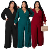 SC Plus Size Solid V Neck Long Sleeve Sashes Jumpsuit NNWF-7325