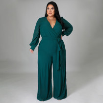 SC Plus Size Solid V Neck Long Sleeve Sashes Jumpsuit NNWF-7325