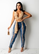 SC Denim Lace-Up Mid-Waist Skinny Jeans Pants LA-3287