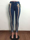 SC Denim Lace-Up Mid-Waist Skinny Jeans Pants LA-3287