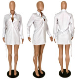 SC White Full Sleeve Drawstring Shirt Dress YNSF-1676