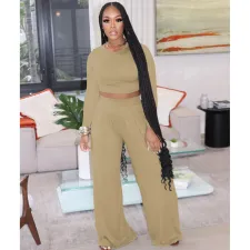 SC Casual Solid Long Sleeve Two Piece Pants Set FOSF-8092