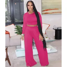 SC Casual Solid Long Sleeve Two Piece Pants Set FOSF-8092