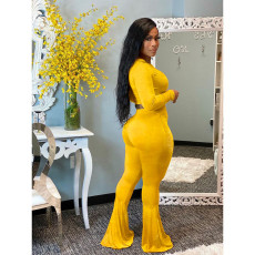 SC Solid Velvet Long Sleeve Flared Pants 2 Piece Sets ORY-5206