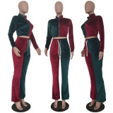 SC Contrast Color Velvet Long Sleeve Flared Pants 2 Piece Sets TR-1178