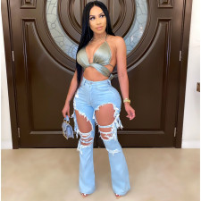 SC Denim Ripped Hole Flared Jeans Pants LA-3272