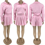 SC Solid Velvet Long Sleeve Pleated Mini Skirt 2 Piece Sets FNN-8632