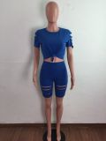 SC Casual Solid Hole T Shirt And Shorts Two Piece Sets LA-3277