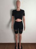SC Casual Solid Hole T Shirt And Shorts Two Piece Sets LA-3277