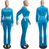 SC Solid Velvet Long Sleeve Zipper 2 Piece Pants Set FSL-F171