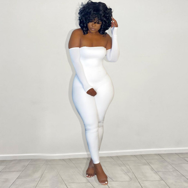 SC Plus Size White Off Shoulder Long Sleeve Tight Jumpsuit OMY-80057