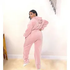 SC Plus Size Solid Velvet Hooded Zipper Coat +Tube Top+Pants 3 Piece Sets ZNF-9111