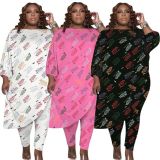 SC Plus Size Letter Print Irregular Top And Pants 2 Piece Sets OYF-8282