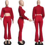 SC Solid Long Sleeve Crop top Flared Pants 2 Piece Sets MIL-L270
