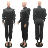 SC Solid Puff Sleeve Zipper Coat+High Waist Pants 2 Piece Suits MAE-2120