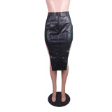 SC PU Leather Sexy Split Midi Skirt BS-1287