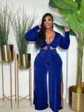 SC Plus Size Velvet Tie-Up Top High Split Pants 2 Piece Suits FNN-8634