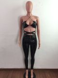 SC Sexy PU Leather Bright Hollow Out Halter Jumpsuit LA-3294