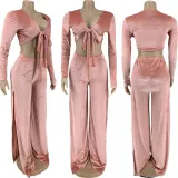 SC Plus Size Velvet Tie-Up Top High Split Pants 2 Piece Suits FNN-8634