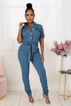 SC Denim Short Sleeve Sashes Jeans Jumpsuit LX-3510