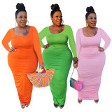 SC Plus Size Solid Long Sleeve Ruched Midi Dress HEJ-S6077