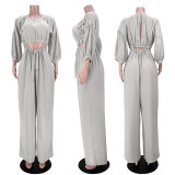 SC Solid Long Sleeve Top And Strap Wide Leg Pants 2 Piece Sets ASL-6511