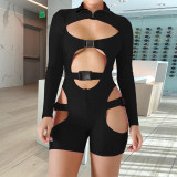 SC Sexy Hollow Out Long Sleeve Buckle Romper TE-4328
