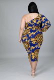 SC Plus Size Sexy Printed One Shoulder Midi Dress OM-1272