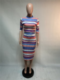 SC Colorful Striped Half Sleeve Midi Skirt 2 Piece Sets XMEF-X1022