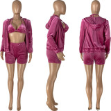 SC Sexy Velvet Hooded Coat+Bra Top+Shorts 3 Piece Sets NYMF-CL236